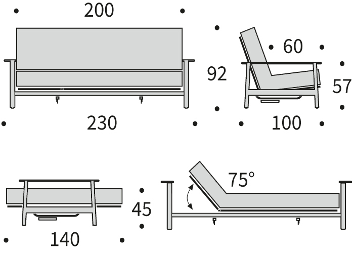 DIMENZIJE
Kavč:dolžina sedišča za 3 osebe
Globina: 100 cm
Dolžina: 230 cm
Višina: 92 cm
Globina sedala: 60 cm
Višina sedala: 45 cm
Višina rokonaslonov: 57 cm
Postelja:udobno ležišče za dve osebi
Širina: 140 cm
Dolžina: 200 cm
Višina: 45 cm