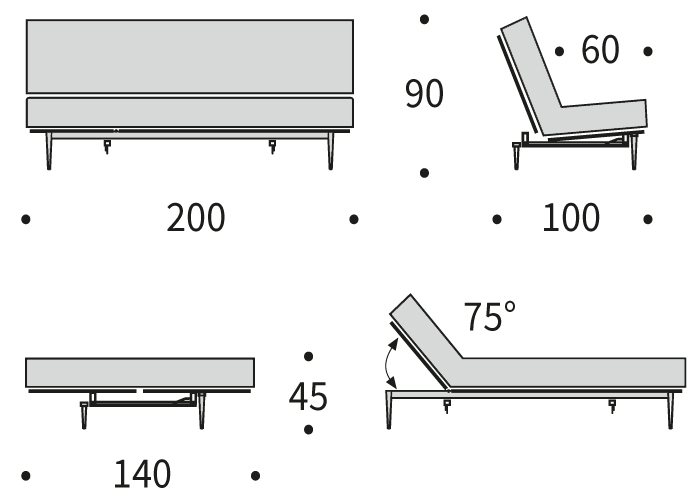 DIMENZIJE
Kavč:dolžina sedišča za 3 osebe
Globina: 100 cm
Dolžina: 200 cm
Višina: 90 cm
Globina sedala: 60 cm
Višina sedala: 45 cm
Postelja:udobno ležišče za dve osebi
Širina: 140 cm
Dolžina: 200 cm
Višina: 45 cm