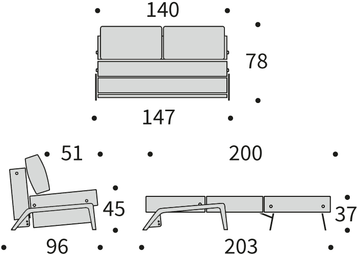 DIMENZIJE
Kavč:dolžina sedišča za 2 osebi
Globina: 96 cm
Dolžina: 147 cm
Višina: 78 cm
Globina sedala: 51 cm
Višina sedala: 45 cm
Postelja:udobno ležišče za eno ali dve osebi
Širina: 140 cm
Dolžina: 200 cm
Višina: 37 cm
Višina vzmetnice: 21,5 cm
Oddaljenost od tal: 2-8 cm