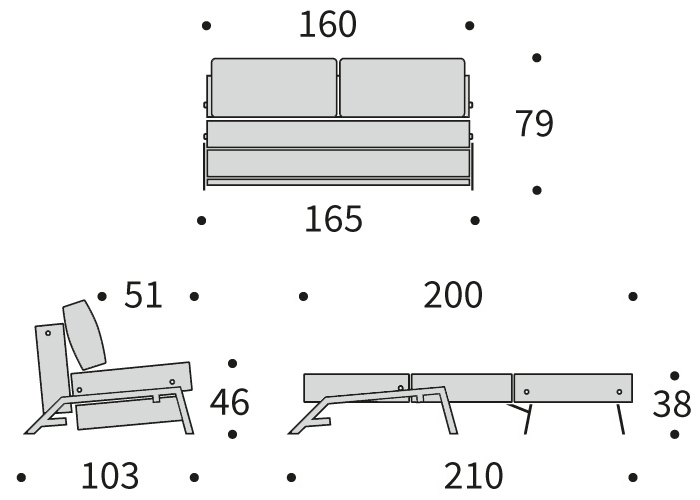 DIMENZIJE
Kavč:dolžina sedišča za 2 osebi
Globina: 103 cm
Dolžina: 165 cm
Višina: 79 cm
Globina sedala: 51 cm
Višina sedala: 46 cm
Postelja:udobno ležišče za dve osebi
Širina: 160 cm
Dolžina: 200 cm
Višina: 38 cm
Višina vzmetnice: 21,5 cm
Oddaljenost od tal: 2-8 cm
