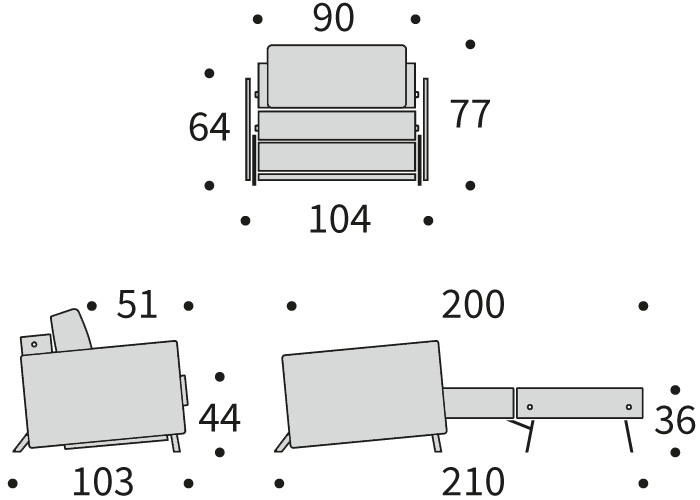 DIMENZIJE
Kavč:dolžina sedišča za 1 osebo
Globina: 103 cm
Dolžina: 104 cm
Višina: 77 cm
Globina sedala: 51 cm
Višina sedala: 44 cm
Višina rokonaslonov: 64cm
Postelja:udobno ležišče za eno osebo
Širina: 90 cm
Dolžina: 200 cm
Višina: 36 cm
Višina vzmetnice: 21,5 cm
Oddaljenost od tal: 2-8 cm