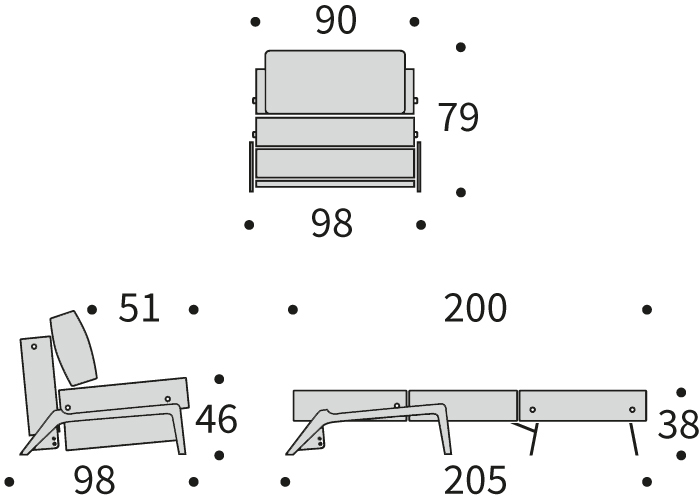DIMENZIJE
Kavč:dolžina sedišča za 1 osebo
Globina: 98 cm
Dolžina: 98 cm
Višina: 79 cm
Globina sedala: 51 cm
Višina sedala: 46 cm
Postelja:udobno ležišče za eno osebo
Širina: 90 cm
Dolžina: 200 cm
Višina: 38 cm
Višina vzmetnice: 21,5 cm
Oddaljenost od tal: 2-8 cm
