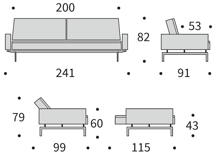 DIMENZIJE
Kavč:dolžina sedišča za 3 osebe
Globina: 91 cm
Dolžina: 241 cm
Višina: 82 cm
Globina sedala: 53 cm
Višina sedala: 43 cm
Postelja:udobno ležišče za eno do dve osebi
Širina: 115 cm
Dolžina: 210 cm
Višina: 43 cm
Višina vzmetnice: 22 cm
Oddaljenost od tal: 16 cm