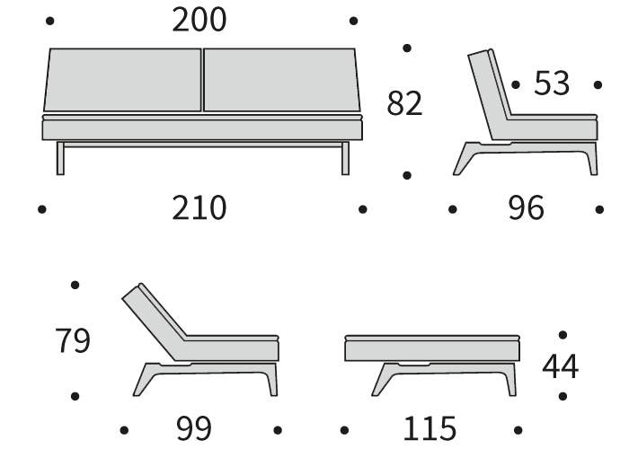 DIMENZIJE
Kavč:dolžina sedišča za 3 osebe
Globina: 96 cm
Dolžina: 210 cm
Višina: 82 cm
Globina sedala: 53 cm
Višina sedala: 44 cm
Postelja:udobno ležišče za eno do dve osebi
Širina: 115 cm
Dolžina: 210 cm
Višina: 44 cm
Višina vzmetnice: 22 cm
Oddaljenost od tal: 16 cm