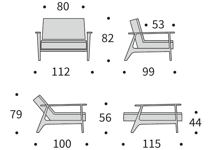 DIMENZIJE
Fotelj:dolžina sedišča za 1 osebo
Globina: 99 cm
Dolžina: 112 cm
Višina: 82 cm
Globina sedala: 53 cm
Višina sedala: 44 cm
Tabure:udoben počivalnik za noge
Širina: 115 cm
Dolžina: 90 cm
Višina: 44 cm
Višina vzmetnice: 22 cm
Oddaljenost od tal: 16 cm