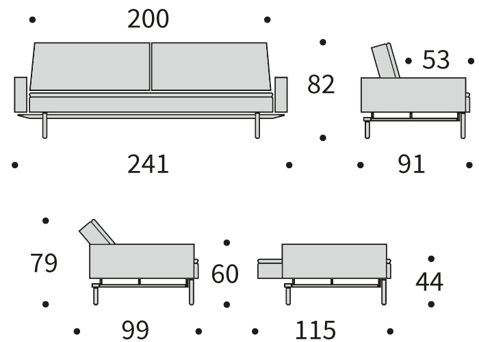 DIMENZIJE
Kavč:dolžina sedišča za 3 osebe
Globina: 91 cm
Dolžina: 241 cm
Višina: 82 cm
Globina sedala: 53 cm
Višina sedala: 44 cm
Postelja:udobno ležišče za eno do dve osebi
Širina: 115 cm
Dolžina: 210 cm
Višina: 44 cm
Višina vzmetnice: 22 cm
Oddaljenost od tal: 17 cm