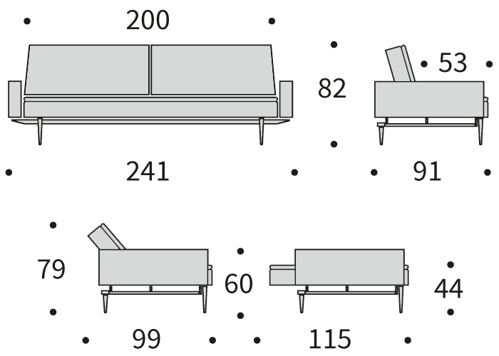 DIMENZIJE
Kavč:dolžina sedišča za 3 osebe
Globina: 91 cm
Dolžina: 241 cm
Višina: 82 cm
Globina sedala: 53 cm
Višina sedala: 44 cm
Postelja:udobno ležišče za eno do dve osebi
Širina: 115 cm
Dolžina: 210 cm
Višina: 44 cm
Višina vzmetnice: 22 cm
Oddaljenost od tal: 17 cm