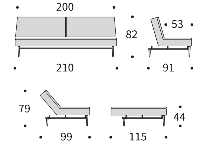 DIMENZIJE
Kavč:dolžina sedišča za 3 osebe
Globina: 91 cm
Dolžina: 210 cm
Višina: 82 cm
Globina sedala: 53 cm
Višina sedala: 44 cm
Postelja:udobno ležišče za eno do dve osebi
Širina: 115 cm
Dolžina: 210 cm
Višina: 44 cm
Višina vzmetnice: 22 cm
Oddaljenost od tal: 17 cm
