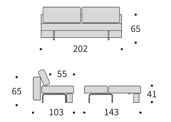 DIMENZIJE
Kavč:dolžina sedišča za 3 osebe
Globina: 103 cm
Dolžina: 202 cm
Višina: 65 cm
Globina sedala: 55 cm
Višina sedala: 41 cm
Postelja:udobno ležišče za dve osebi
Širina: 140 cm
Dolžina: 200 cm
Višina: 41 cm
Višina vzmetnice: 21 cm
Oddaljenost od tal: 18 cm