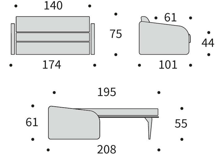 DIMENZIJE
Kavč:dolžina sedišča za 2 osebi
Globina: 101 cm
Dolžina: 174 cm
Višina: 75 cm
Globina sedala: 61 cm
Višina sedala: 44 cm
Postelja:udobno ležišče za eno do dve osebi
Širina: 140 cm
Dolžina: 195 cm
Višina: 55 cm
Višina vzmetnice: 11 cm
Oddaljenost od tal: 3 cm