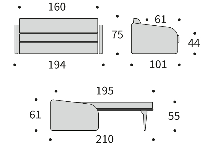 DIMENZIJE
Kavč:dolžina sedišča za 2 osebi
Globina: 101 cm
Dolžina: 194 cm
Višina: 75 cm
Globina sedala: 61 cm
Višina sedala: 44 cm
Postelja:udobno ležišče za eno do dve osebi
Širina: 160 cm
Dolžina: 195 cm
Višina: 55 cm
Višina vzmetnice: 11 cm
Oddaljenost od tal: 3 cm