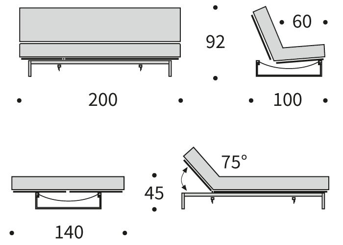DIMENZIJE
Kavč:dolžina sedišča za 3 osebe
Globina: 100 cm
Dolžina: 200 cm
Višina: 92 cm
Globina sedala: 60 cm
Višina sedala: 45 cm
Postelja:udobno ležišče za dve osebi
Širina: 140 cm
Dolžina: 200 cm
Višina: 45 cm