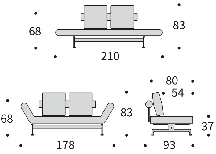 DIMENZIJE
Kavč:dolžina sedišča za 2 osebi
Globina: 93 cm
Dolžina: 178 cm
Višina: 83 cm
Globina sedala: 54 cm
Višina sedala: 37 cm
Postelja:udobno ležišče za eno osebo
Širina: 80 cm
Dolžina: 210 cm
Višina: 37 cm
Višina vzmetnice: 18,5 cm
Oddaljenost od tal: 10 cm
