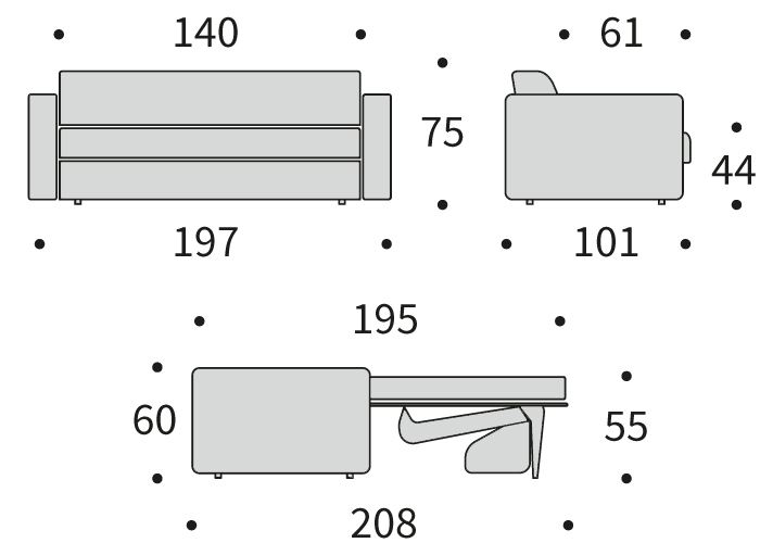 DIMENZIJE
Kavč:dolžina sedišča za 2 osebi
Globina: 101 cm
Dolžina: 197 cm
Višina: 75 cm
Globina sedala: 61 cm
Višina sedala: 44 cm
Postelja:udobno ležišče za dve osebi
Širina: 140 cm
Dolžina: 195 cm
Višina: 55 cm
Višina vzmetnice: 11 cm
Oddaljenost od tal: 3 cm