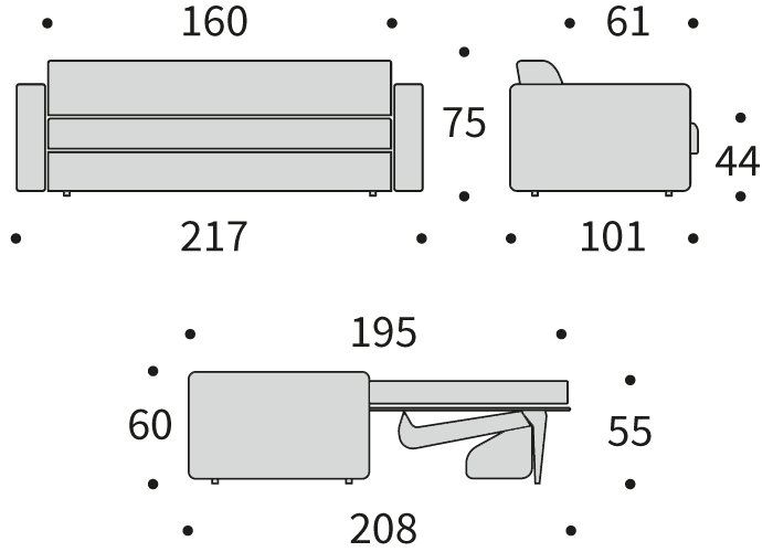 DIMENZIJE
Kavč:dolžina sedišča za 2 osebi
Globina: 101 cm
Dolžina: 217 cm
Višina: 75 cm
Globina sedala: 61 cm
Višina sedala: 44 cm
Postelja:udobno ležišče za dve osebi
Širina: 160 cm
Dolžina: 195 cm
Višina: 55 cm
Višina vzmetnice: 11 cm
Oddaljenost od tal: 3 cm