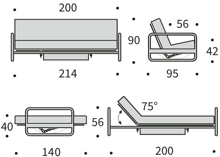 DIMENZIJE
Kavč:dolžina sedišča za 3 osebe
Globina: 95 cm
Dolžina: 214 cm
Višina: 90 cm
Globina sedala: 56 cm
Višina sedala: 42 cm
Višina rokonaslonov: 56 cm
Postelja:udobno ležišče za dve osebi
Širina: 140 cm
Dolžina: 200 cm
Višina: 40 cm
