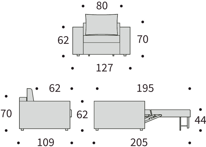 DIMENZIJE
Fotelj:dolžina sedišča za 1 osebo
Globina: 109 cm
Dolžina: 127 cm
Višina: 90 cm
Globina sedala: 62 cm
Višina sedala: 44 cm
Višina rokonaslonov: 62 cm
Postelja:udobno ležišče za eno osebo
Širina: 80 cm
Dolžina: 195 cm
Višina: 44 cm
Oddaljenost od tal: 5,5 cm