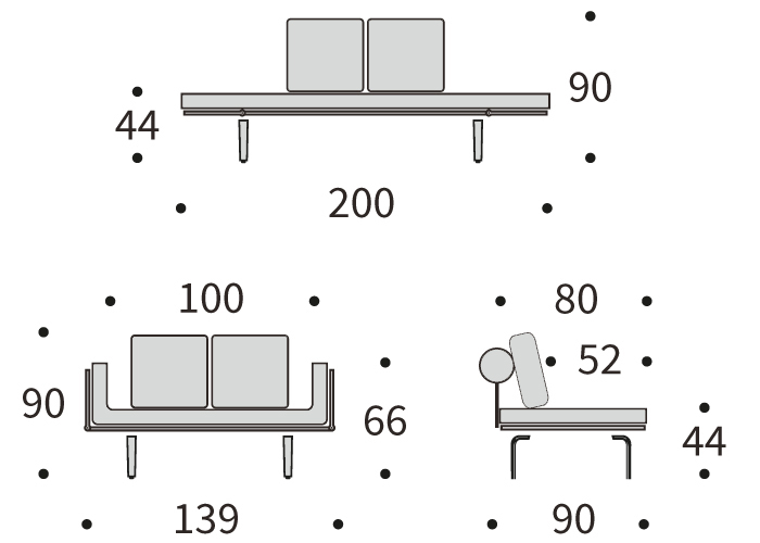 DIMENZIJE
Kavč:dolžina sedišča za 2 osebi
Globina: 90 cm
Dolžina: 139 cm
Višina: 90 cm
Globina sedala: 52 cm
Višina sedala: 44 cm
Postelja:udobno ležišče za eno osebo
Širina: 80 cm
Dolžina: 200 cm
Višina: 44 cm
Višina vzmetnice: 18 cm
Oddaljenost od tal: 21 cm