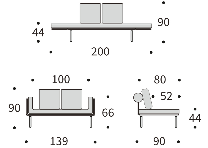 DIMENZIJE
Kavč:dolžina sedišča za 2 osebi
Globina: 90 cm
Dolžina: 139 cm
Višina: 90 cm
Globina sedala: 52 cm
Višina sedala: 44 cm
Postelja:udobno ležišče za eno osebo
Širina: 80 cm
Dolžina: 200 cm
Višina: 44 cm
Višina vzmetnice: 18 cm
Oddaljenost od tal: 21 cm