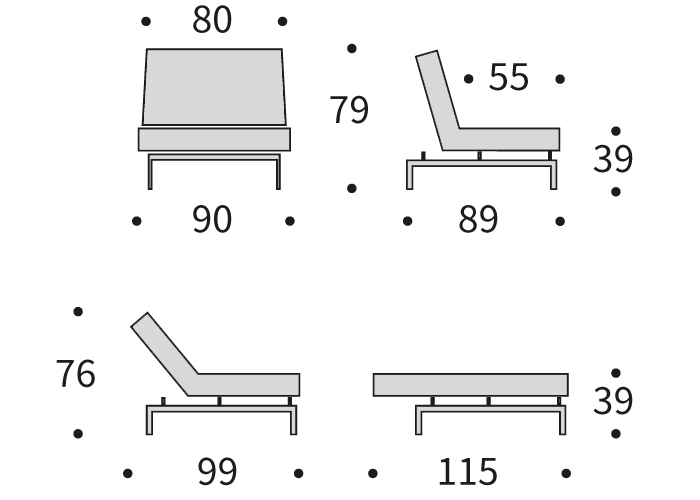 DIMENZIJE
Fotelj:
Globina: 89 cm
Dolžina: 90 cm
Višina: 79 cm
Globina sedala: 55 cm
Višina sedala: 39 cm
Počivalnik za noge:
Širina: 115 cm
Dolžina: 90 cm
Višina: 39 cm
Višina vzmetnice: 19 cm
Oddaljenost od tal: 16 cm