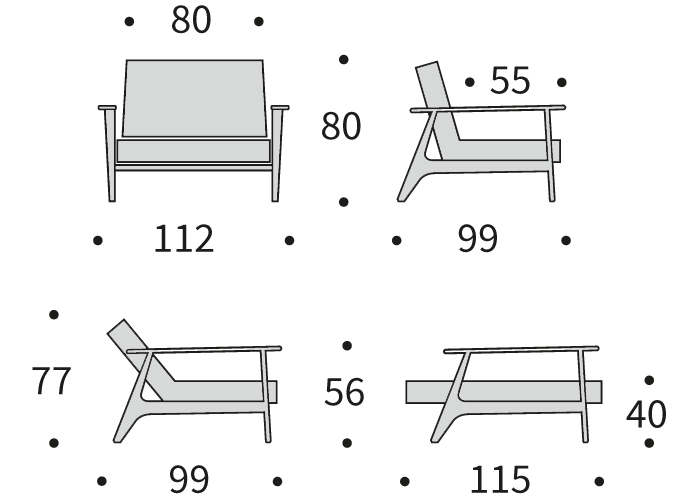 DIMENZIJE
Fotelj:dolžina sedišča za 1 osebo
Globina: 99 cm
Dolžina: 112 cm
Višina: 80 cm
Globina sedala: 55 cm
Višina sedala: 40 cm
Tabure:udoben počivalnik za noge
Širina: 115 cm
Dolžina: 90 cm
Višina: 40 cm
Višina vzmetnice: 19 cm
Oddaljenost od tal: 16 cm