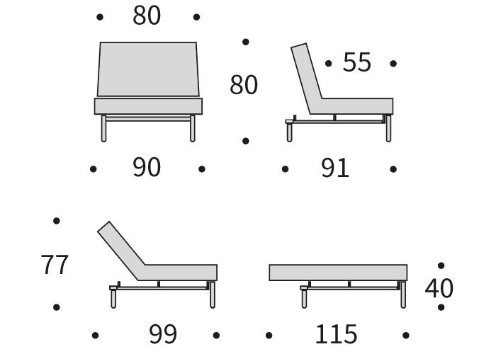 DIMENZIJE
Fotelj:
Globina: 91 cm
Dolžina: 90 cm
Višina: 80 cm
Globina sedala: 55 cm
Višina sedala: 40 cm
Počivalnik za noge:
Širina: 115 cm
Dolžina: 90 cm
Višina: 40 cm
Višina vzmetnice: 19 cm
Oddaljenost od tal: 17 cm
