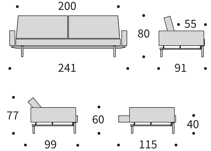 DIMENZIJE
Kavč:dolžina sedišča za 3 osebe
Globina: 91 cm
Dolžina: 210 cm
Višina: 80 cm
Globina sedala: 55 cm
Višina sedala: 40 cm
Postelja:udobno ležišče za eno do dve osebi
Širina: 115 cm
Dolžina: 210 cm
Višina: 40 cm
Višina vzmetnice: 19 cm
Oddaljenost od tal: 17 cm