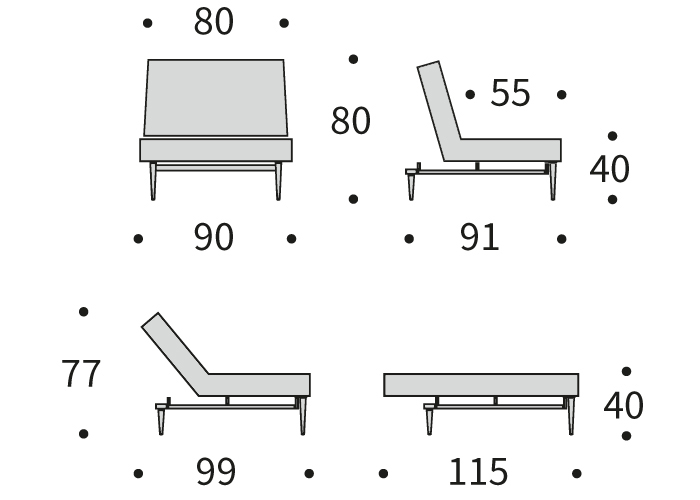 DIMENZIJE
Fotelj:
Globina: 91 cm
Dolžina: 90 cm
Višina: 80 cm
Globina sedala: 55 cm
Višina sedala: 40 cm
Počivalnik za noge:
Širina: 115 cm
Dolžina: 90 cm
Višina: 40 cm
Višina vzmetnice: 19 cm
Oddaljenost od tal: 17 cm
