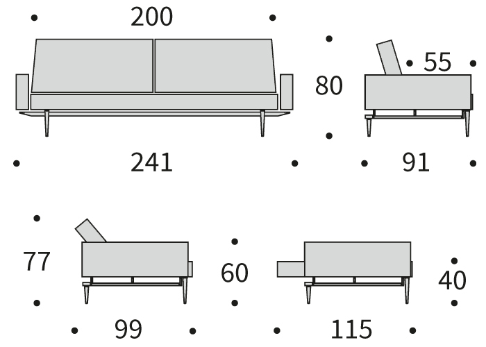 DIMENZIJE
Kavč:dolžina sedišča za 3 osebe
Globina: 91 cm
Dolžina: 241 cm
Višina: 80 cm
Globina sedala: 55 cm
Višina sedala: 40 cm
Postelja:udobno ležišče za eno do dve osebi
Širina: 115 cm
Dolžina: 210 cm
Višina: 40 cm
Višina vzmetnice: 19 cm
Oddaljenost od tal: 17 cm