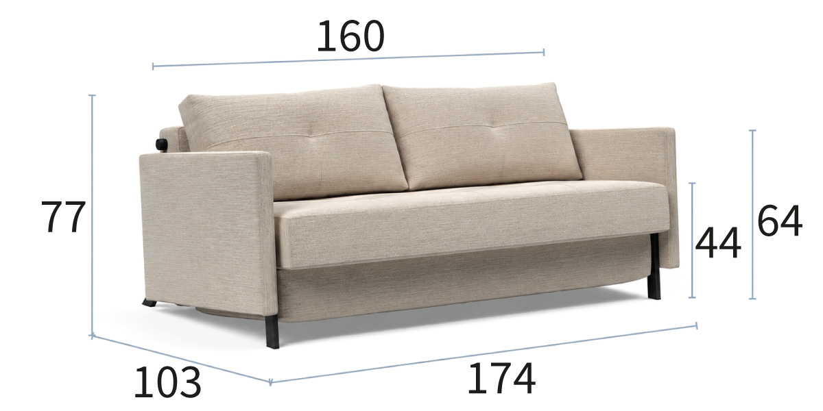 Cubed 160 z rokonasloni dimenzije kavča: širina 174 cm, globina 103 cm in višina 77 cm