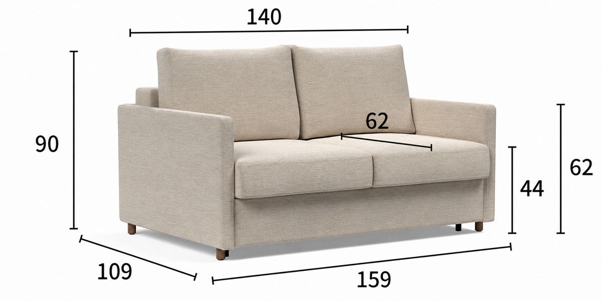 Neah Slim 140 dimenzije kavča: širina 159 cm, globina 109 cm in višina 90 cm