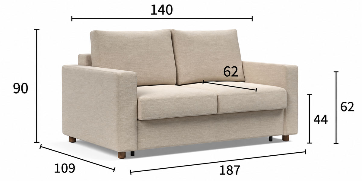 Neah Standard 140 dimenzije kavča: širina 187 cm, globina 109 cm in višina 90 cm