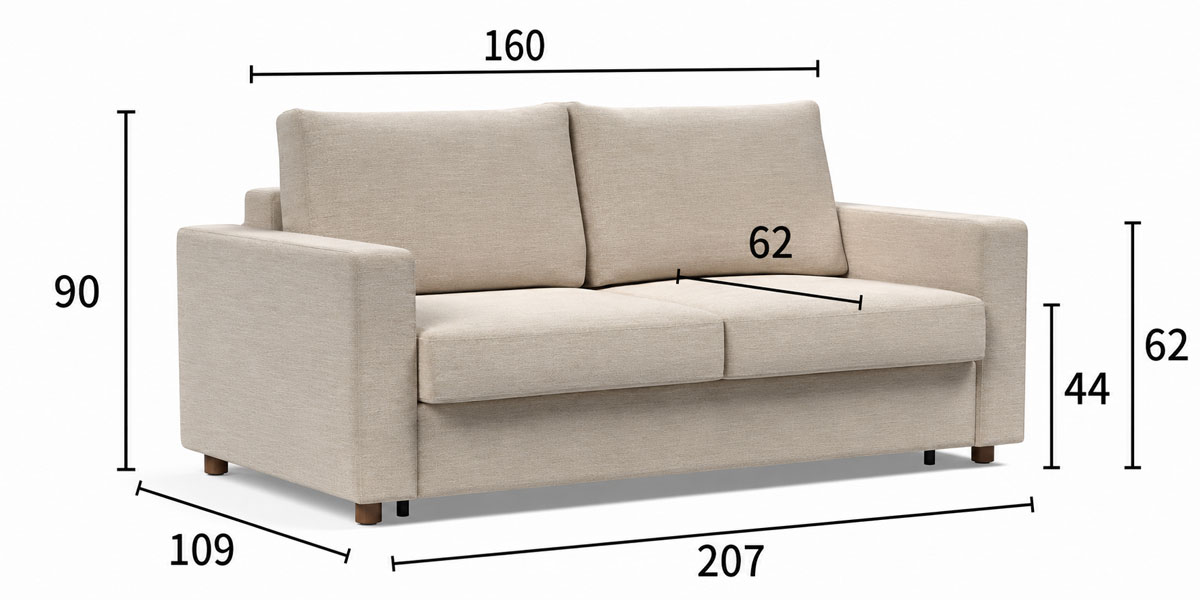 Neah Standard 160 dimenzije kavča: širina 207 cm, globina 109 cm in višina 90 cm