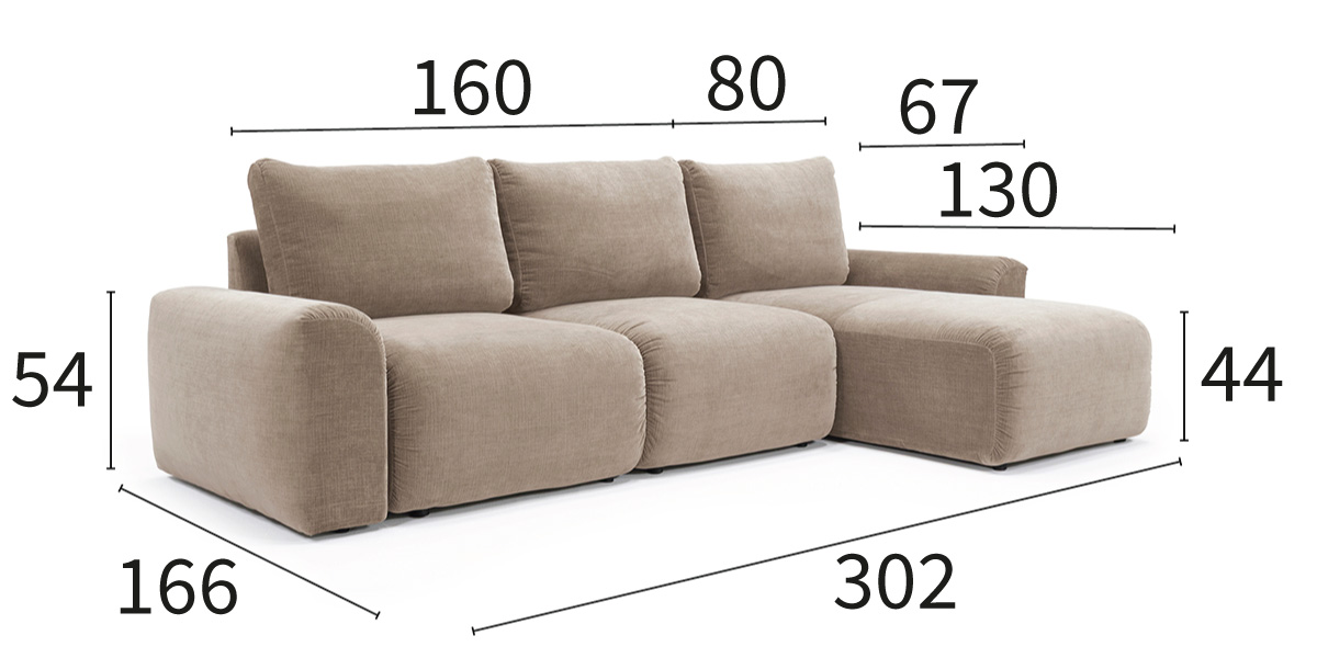 Norum Sofa Bed z ležalnikom in Chunky rokonasloni dimenzije kavča širina 302 cm in globina 166 cm