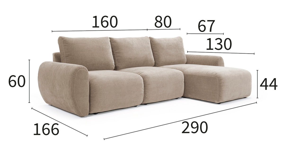 Norum Sofa Bed z ležalnikom in Curve rokonasloni dimenzije kavča širina 290 cm in globina 166 cm