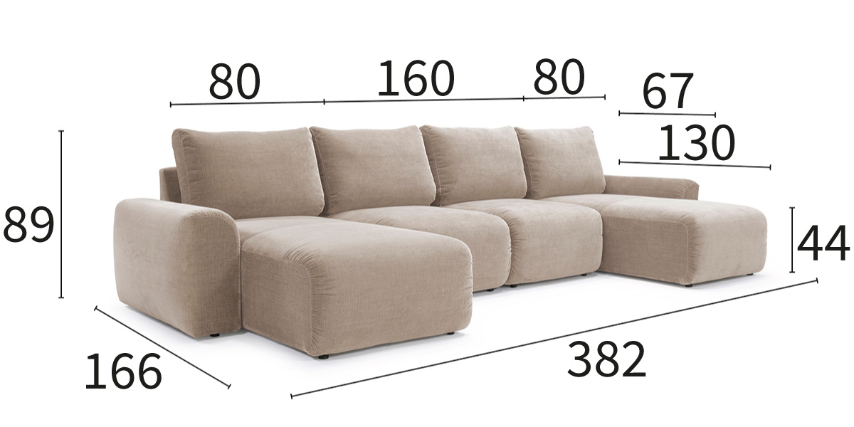 Norum Sofa Bed v U-obliki z Chunky rokonasloni dimenzije kavča širina 382 cm in globina 166 cm
