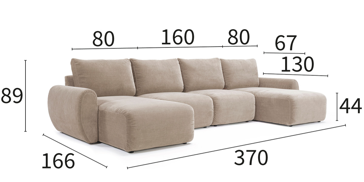 Norum Sofa Bed v U-obliki z Curve rokonasloni dimenzije kavča širina 370 cm in globina 166 cm