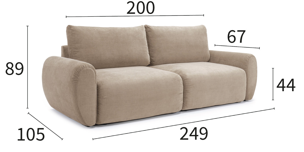 Norum Sofa Bed s Curve rokonasloni dimenzije kavča širina 249 cm, globina 105 cm in višina 89 cm