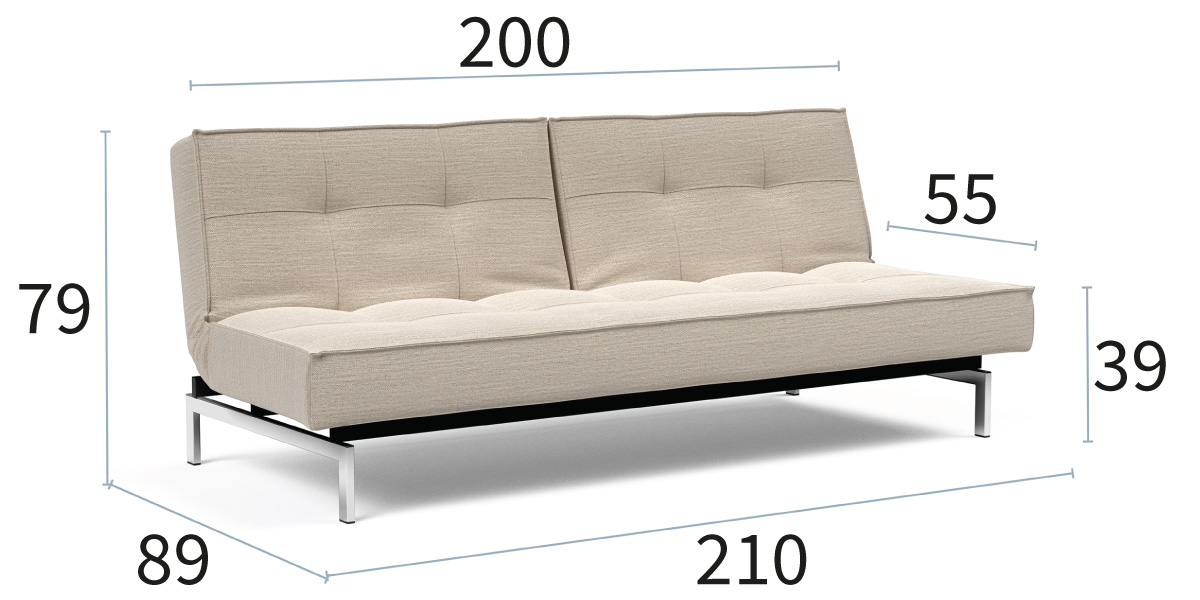 Splitback Chrome Sofa Bed dimenzije kavča dolžina 210 cm, globina 89 cm in višina 79 cm