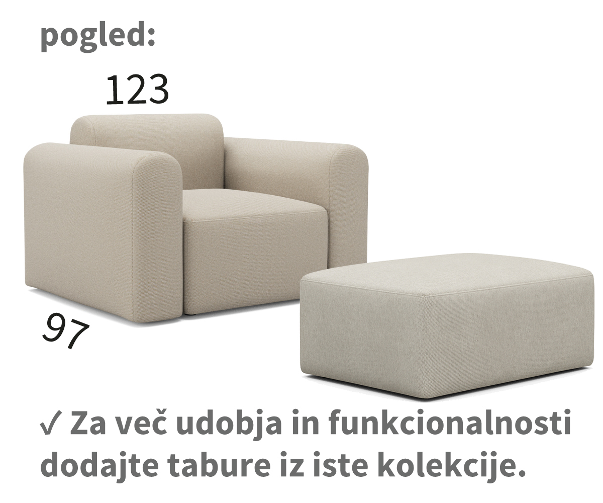 rund fotelj, dolžina 123 cm
