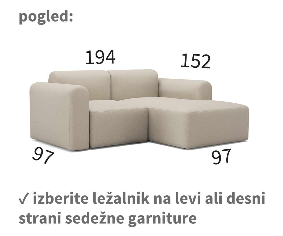 rund kotna sedežna garnitura, dolžina 194 cm