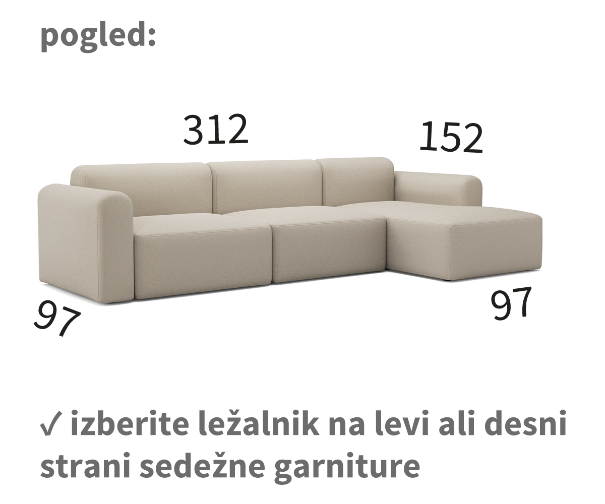 rund kotna sedežna garnitura, dolžina 312 cm