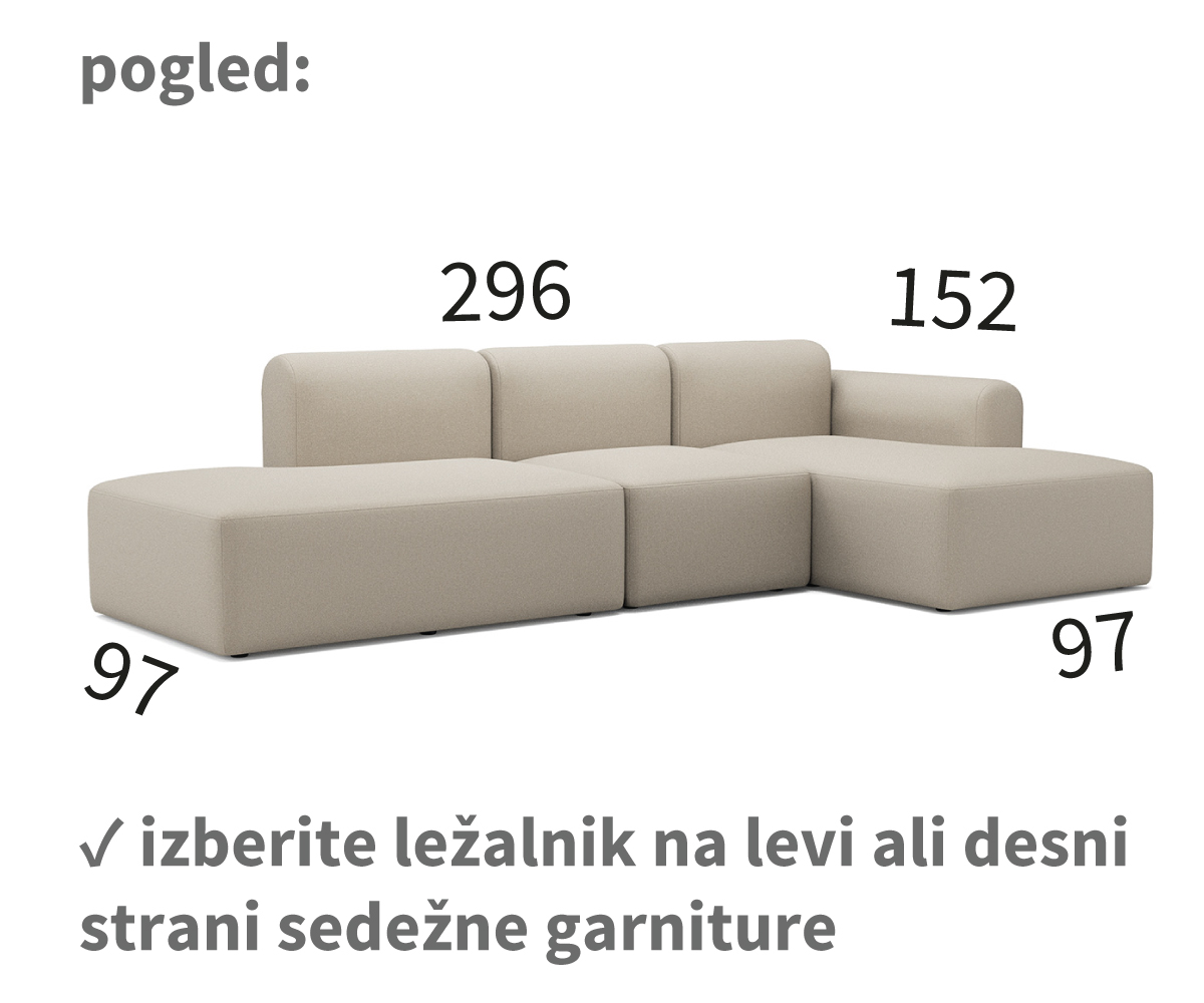 rund kotna sedežna garnitura, dolžina 296 cm