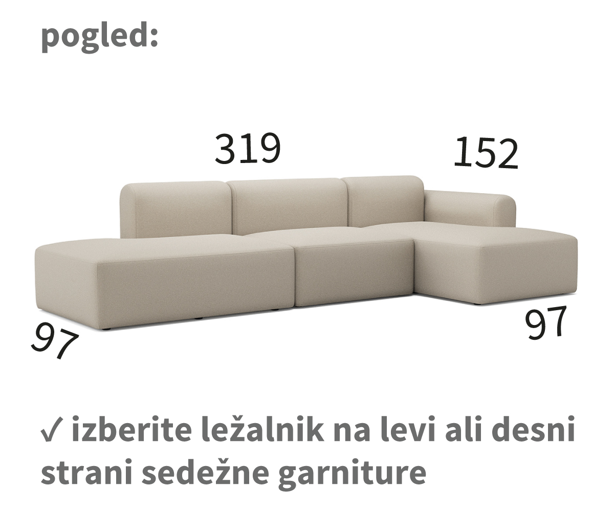 rund kotna sedežna garnitura, dolžina 319 cm