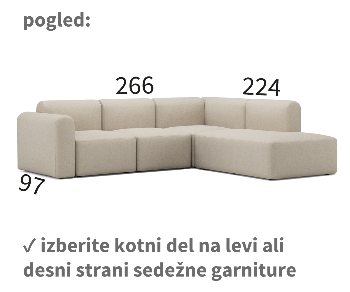 rund kotna sedežna garnitura, dolžina 266 cm