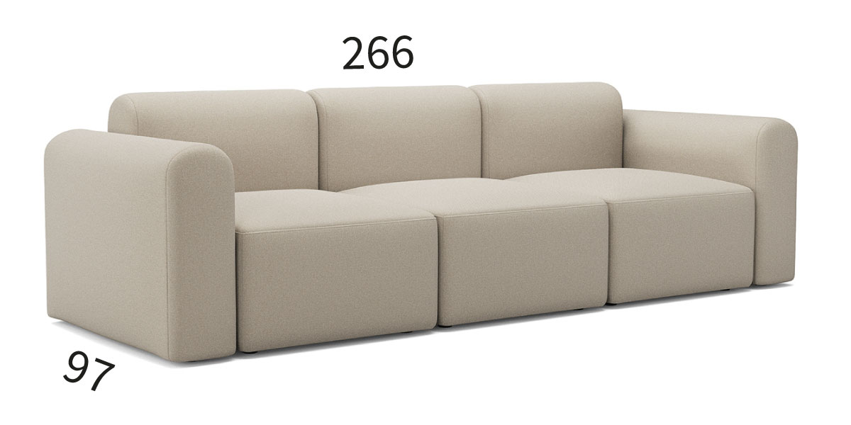 Rund A3 trosed z dimenzijami 266 × 97 cm
