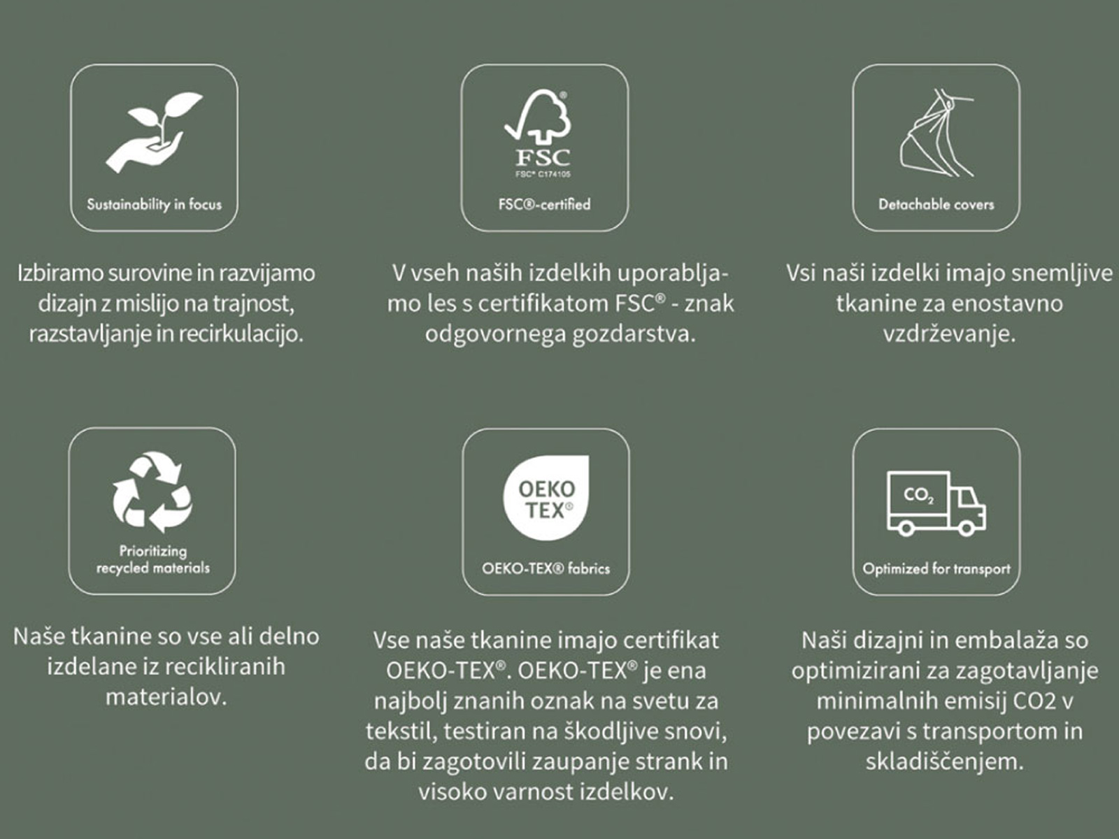 Certifikati Tenksom: reciklirani materiali, FSC, snemljive prevleke, OEKO-TEX